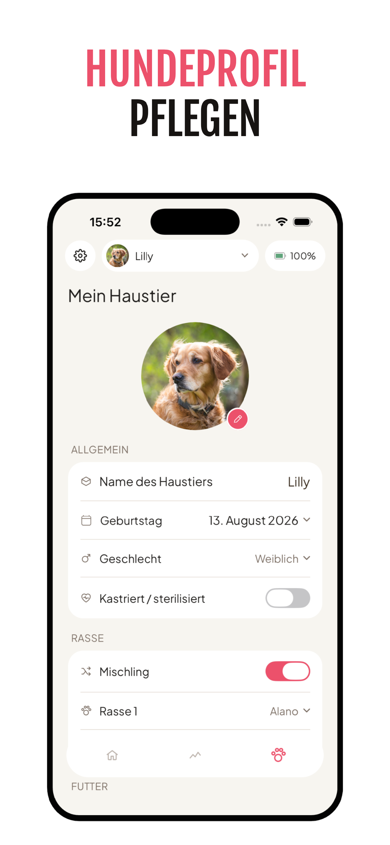 App-Screen „Hundeprofil pflegen“ mit Angaben zu Name, Geburtstag und Rasse