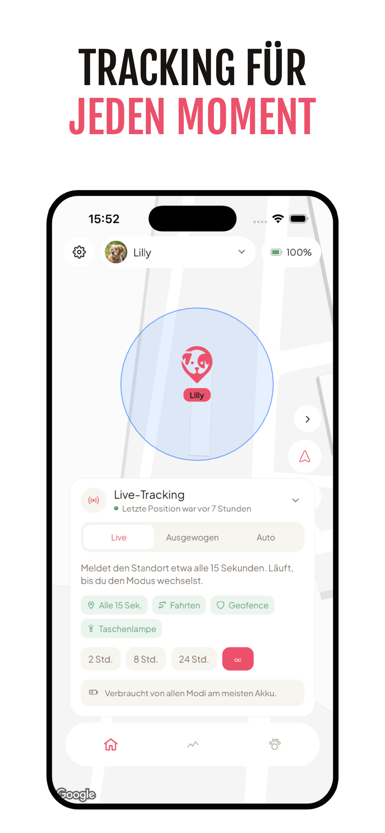App-Screen „Tracking für jeden Moment“ mit den Tracking-Modi und der Angabe „Alle 15 Sek.“